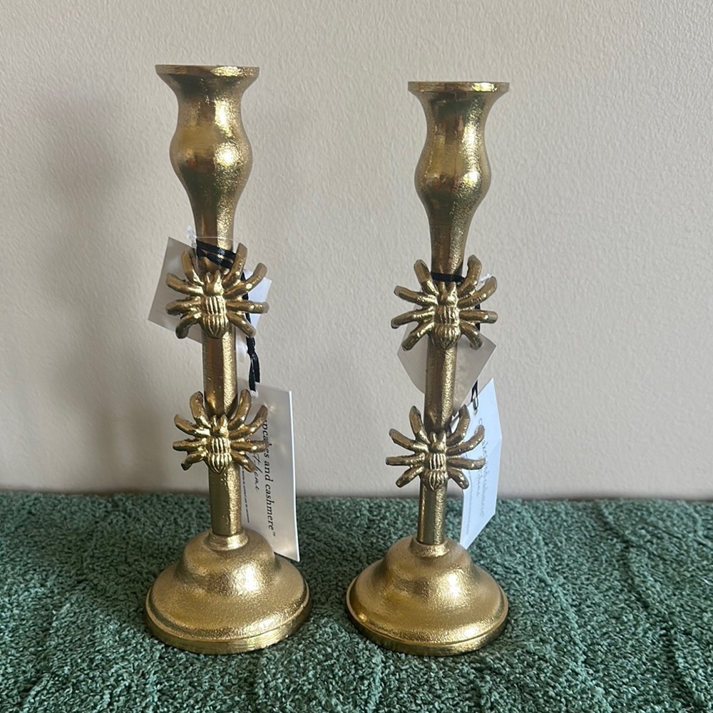 Cupcakes & Cashmere Halloween Gold Tone Spider 🕷️ Candle Holders NEW!
